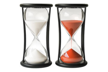 A pair of modern hourglasses with black frames, featuring red and white sand for a sleek and decorative timekeeping display. Isolated, AI generated.  .
