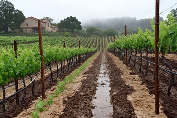 Fototapeta premium Rainy day at a vineyard. Rows of grapevines with muddy irrigation ditches. A house in the background.