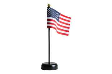 A small American desk flag with a black stand and gold finial, waving slightly for a patriotic display. Isolated, AI generated.  .