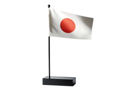 A small Japanese desk flag with a black base, featuring a red circle on a white background for a minimalist national display. Isolated, AI generated.  .