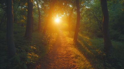 Obraz premium A peaceful forest trail with sunlight streaming through the trees.