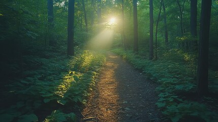 Obraz premium A peaceful forest trail with sunlight streaming through the trees.
