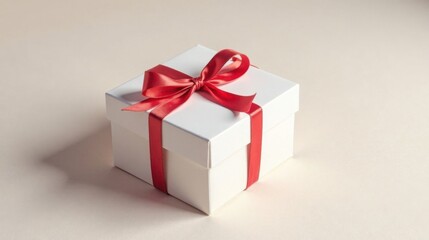 Obraz premium A pristine white gift box adorned with a vibrant red ribbon, a perfect symbol of thoughtful presentation and joyous celebration