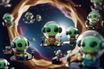 Fototapeta premium Cute alien astronauts in spaceships travel through a swirling cosmic nebula.