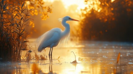 A peaceful wetland with reeds and herons in the early morning light.
