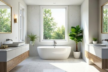 Fototapeta premium Freestanding tub under skylights in a bright and airy space, marble countertops, bathroom, natural light