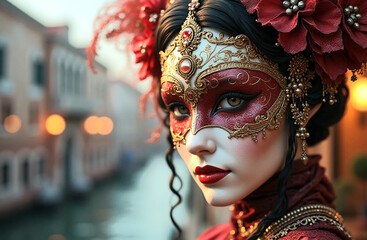A mysterious woman with expressive eyes wearing a luxurious red and gold Venetian mask decorated with intricate details and jewels in a romantic canal setting