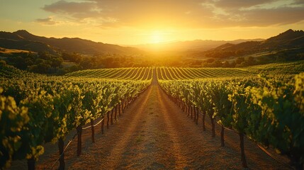 A picturesque vineyard with rows of grapevines under a golden sunset.