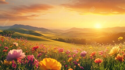 Fototapeta premium Sunset Landscape: Serene Meadow with Vibrant Flowers