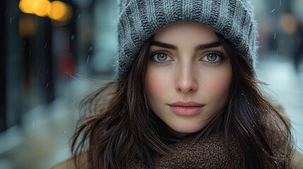 A young woman with long dark hair, wearing a grey beanie and a brown scarf, looks directly at the camera in the snow.