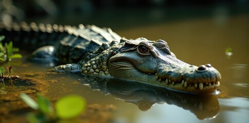 Fototapeta premium Freshwater crocodile in shallow water, aquatic plants, muddy bottom, aquatic plants, muddy, crocodile