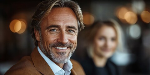 Obraz premium A smiling man with medium-length hair and a well-groomed beard is seated in a cozy cafe during the evening. The ambiance features warm lighting and a blurred woman behind him