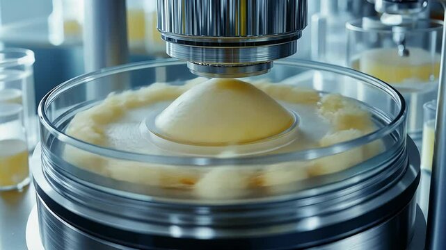 In a state-of-the-art manufacturing facility, a miniature centrifuge blends and emulsifies various cosmetic ingredients to create smooth formulations efficiently.