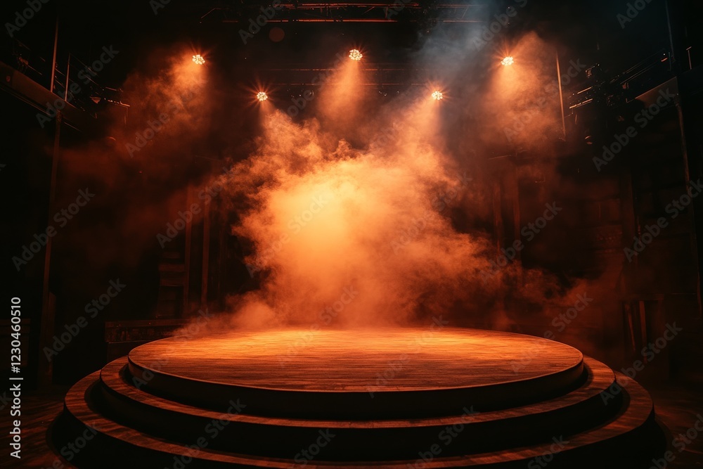 Aufkleber stage illuminated by warm lights and mist in a theatrical setting at night