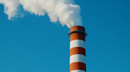 Industrial smokestack releasing white smoke against a clear blue sky, symbolizing pollution concerns