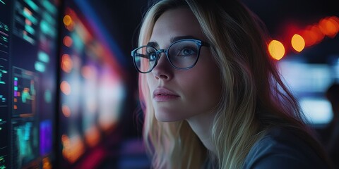 A woman with glasses intently studies digital data displayed on multiple screens in a control room illuminated by colorful lights at night