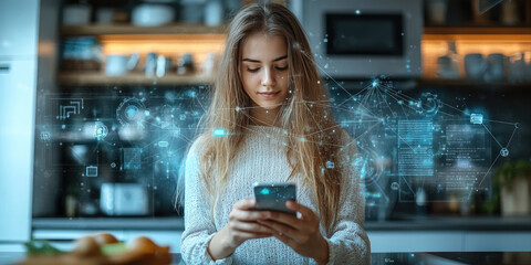 A young modern woman using a mobile application on a Smart Home smartphone controls various functions of a smart home in the kitchen. Sends text messages, chats online, relaxes, does business