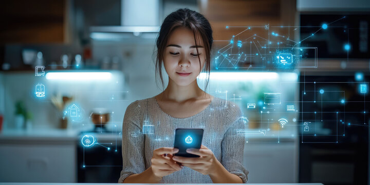 A young modern woman using a mobile application on a Smart Home smartphone controls various functions of a smart home in the kitchen. Sends text messages, chats online, relaxes, does business