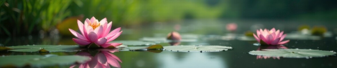 Water lilies and lotus flowers blooming on the surface of a flooded area near the Dnieper River in spring, aquatic life, water lilies