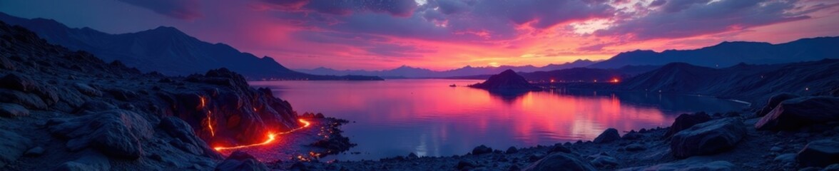 Fototapeta premium Lava flows into a volcanic lake under starry skies at dawn, water, rocky, morning