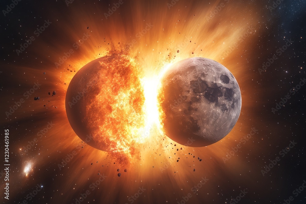 Poster Celestial collision between a planet and moon in deep space with fiery explosion and cosmic debris
