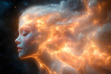 Ethereal Cosmic Elegance: Surreal Female Form in Fiery Nebula - Perfect for Sci-Fi Art Poster Design