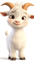 Cute cartoon goat, happy expression, white background, children's book illustration