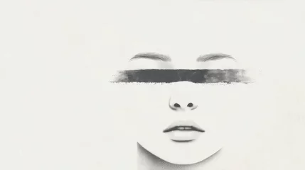 Monochrome illustration of a woman's face, eyes covered by a dark horizontal brush stroke. © marfuah