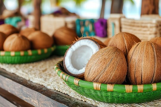 Island hopping on sandy shores defines a perfect beach vacation. Fresh coconuts arranged in a vibrant woven basket display.