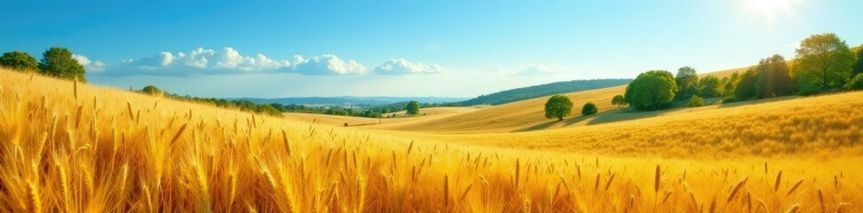 Obraz premium Rolling hills of golden wheat under clear blue sky, trees, sunlit, fields