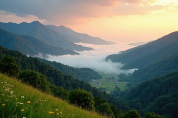 Rolling hills and mountains meet at a serene valley covered in mist at dawn, earth, scenery