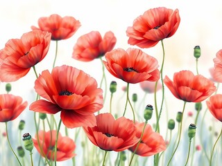 Fototapeta premium Watercolor painting of a field filled with red poppy flowers.