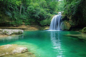 Naklejka premium A serene waterfall cascading into a clear pool surrounded by lush greenery
