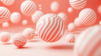 Abstract pink and white striped spheres floating.
