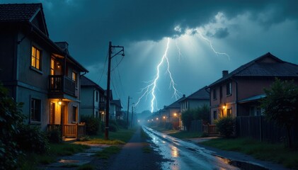 Severe thunderstorm with heavy rain and hail on buildings, storm damage, windows shattered, building damage