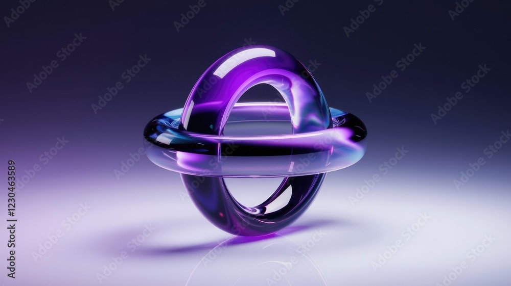 Poster abstract 3d rendering of a vibrant purple and blue glass orb, interlocked rings creating a mesmerizi