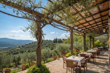 Obraz premium Sun-Drenched Greek Taverna: Double Exposure of Rustic Pergola & Olive Grove