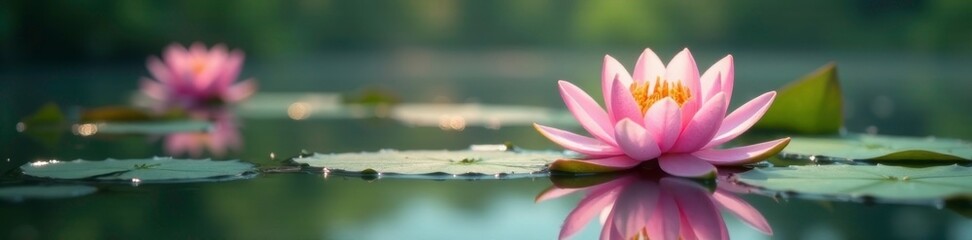 Water lilies bloom softly on a lake's surface, reflection, peaceful, serene