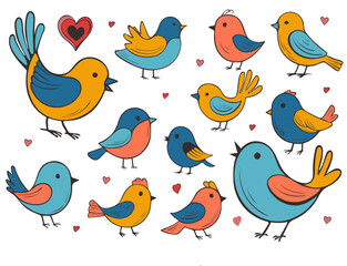 Set of colorful doodle birds in different poses. Outlined simplistic cartoon birds for stickers, decoration. Playful whimsical collection suitable for a variety of design purposes