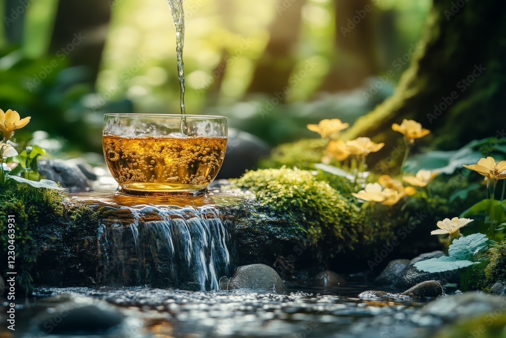 Poster refreshing tea poured into a glass bowl beside a tranquil stream surrounded by vibrant flowers in a 