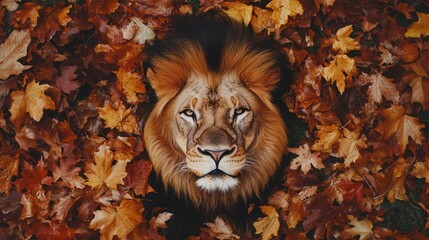 Majestic lion amidst autumn leaves; nature scene