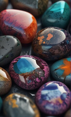 A mesmerizing display of glossy, iridescent stones with vibrant gradients and smooth textures, creating a modern and artistic composition full of color and elegance.







