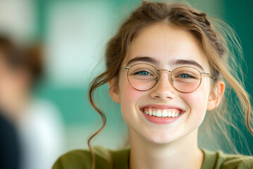 Young caucasian woman with glasses smiling in bright indoor setting cheerful expression
