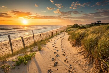 Sunlit Beach Path: Idyllic Coastal Scene, Footprints in Sand Leading to Ocean Sunset