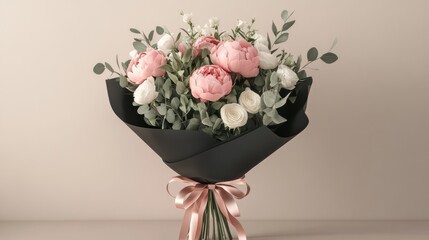 A trendy bouquet of pastel pink peonies, white ranunculus, and eucalyptus leaves, wrapped in matte black paper with a rose gold ribbon.