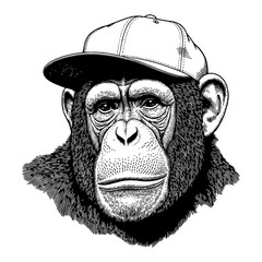 Fototapeta premium Chimpanzee Wearing Snapback Hat Detailed Black and White Outline Line Art Drawing