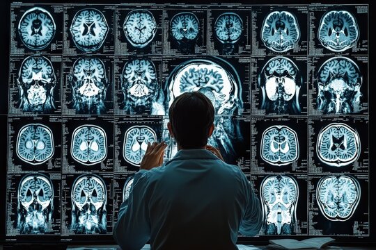 Healthcare professional analyzing brain scans in a medical facility to assess neurological conditions