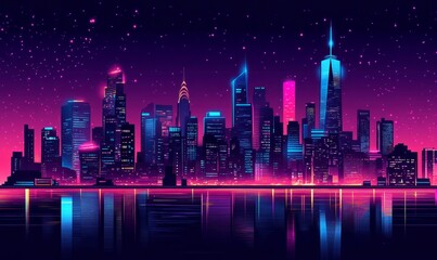 Neon cityscape at night reflecting in water.