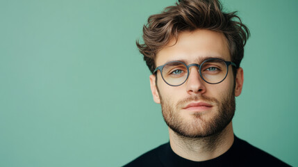 Young Caucasian man with glasses facing camera against green background stylish portrait