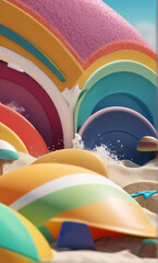 A surreal, dreamlike landscape with vibrant, saturated colors, featuring soft, flowing shapes resembling islands in a tranquil, turquoise sea.